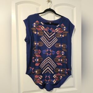 Catherine Malandrino Indigo Womens Blue Tribal, Aztec Patterned Top Blouse Sz M
